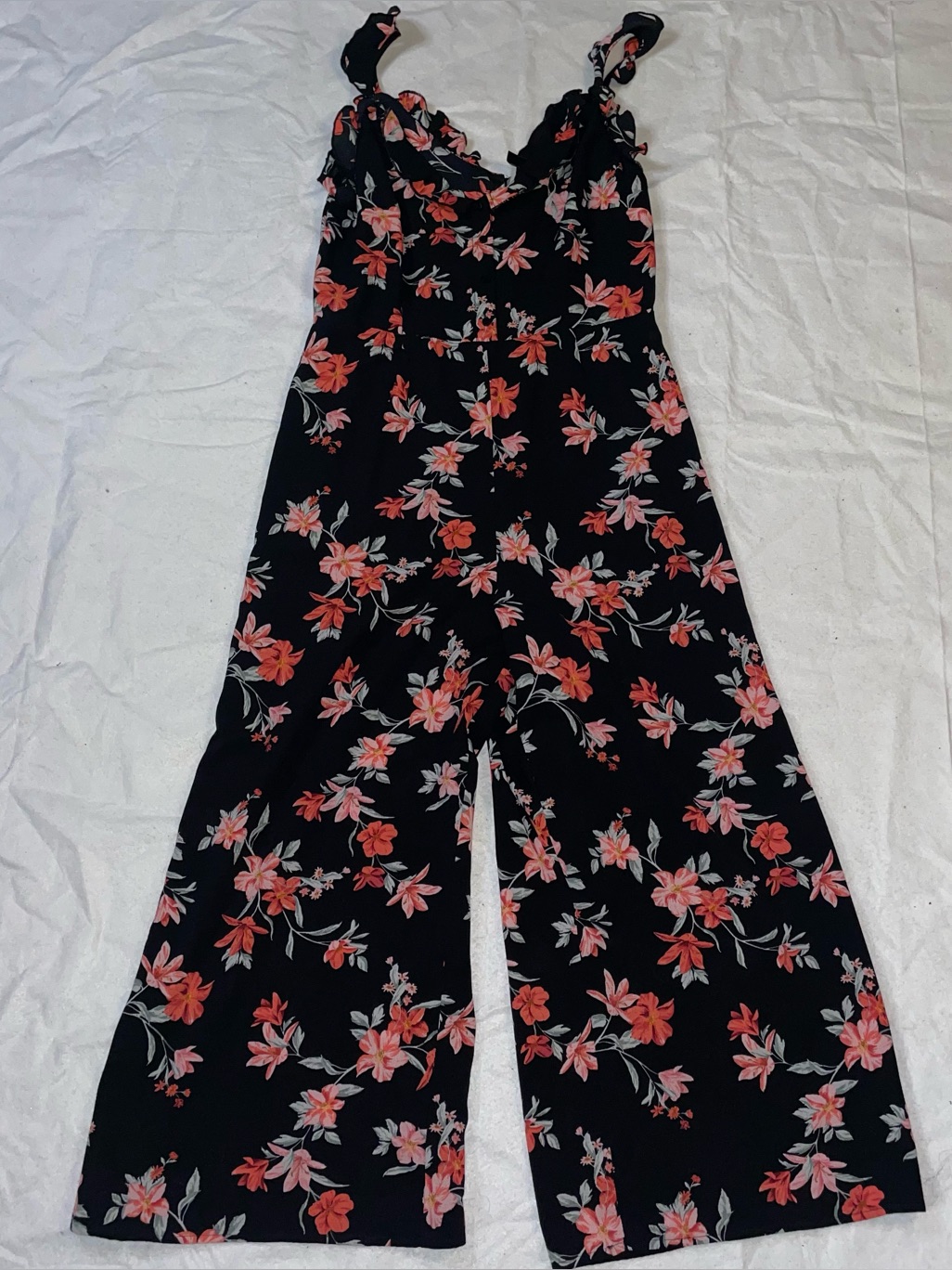 Divided Babydoll Ruffle Black Pink Red 10 Floral Design Jumpsuit
